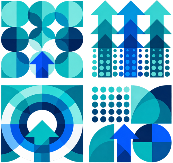 Aligned images of shapes making a tile with arrows